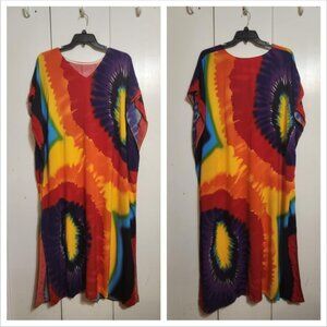 OSFA XL/1X Rainbow Tie Dye Kaftan Mrs Roper Loungewear Dress Hostess Beach Pool